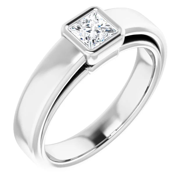 14K White Gold 0.90 CTW Princess Bezel Diamond Engagement Ring