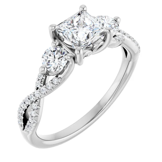 14K White Gold 0.70 CTW Princess Three-Stone Pavé Twisted Diamond Engagement Ring