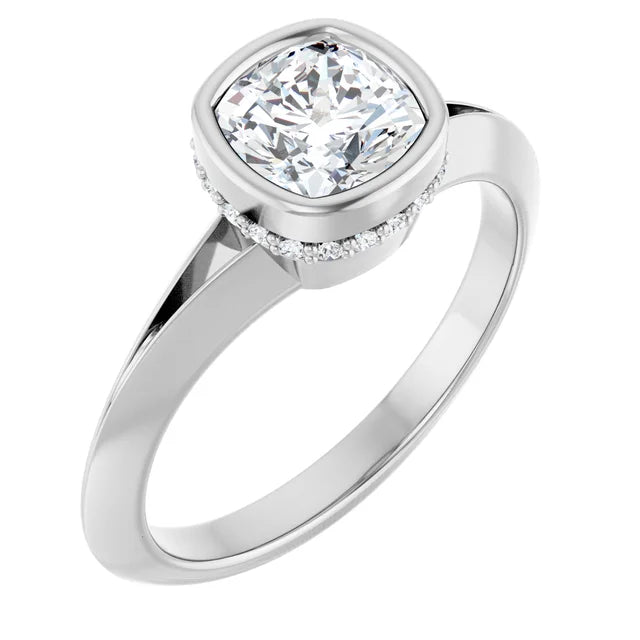 14K White Gold 0.75 CTW Cushion Cut Bezel Hidden Halo Diamond Engagement Ring-diamondnetjewellery