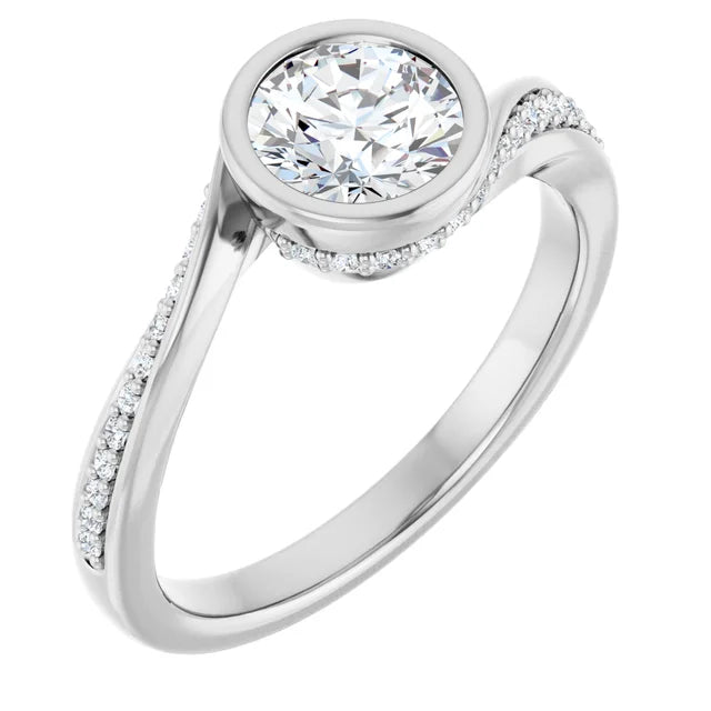 14K White Gold 2.95 CTW Round Bezel Twisted Pavé Diamond Engagement Ring