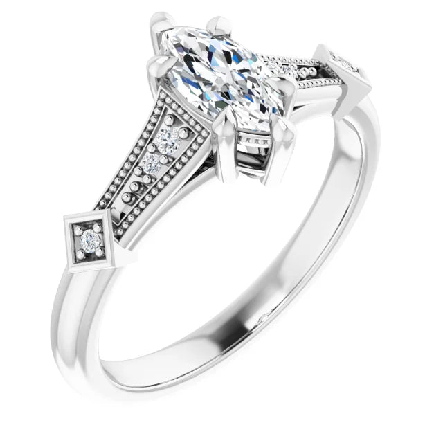 14K White Gold 0.95 CTW Marquise Vintage Accented Lab Grown Diamond Engagement Ring