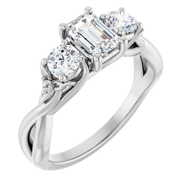14K White Gold 1.06 CTW Emerald Cut Three-stone Diamond Engagement Ring