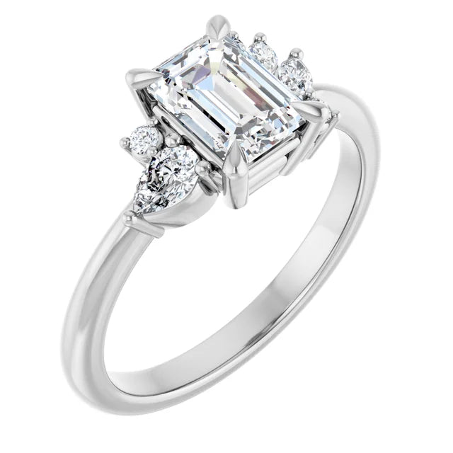 14K White Gold 1.11 CTW Emerald Cut Diamond Engagement Ring with Cluster Accents-diamondnetjewellery