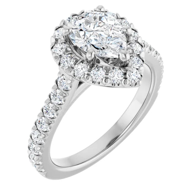 14K White Gold 1.14 CTW Pear Halo Pavé Diamond Engagement Ring