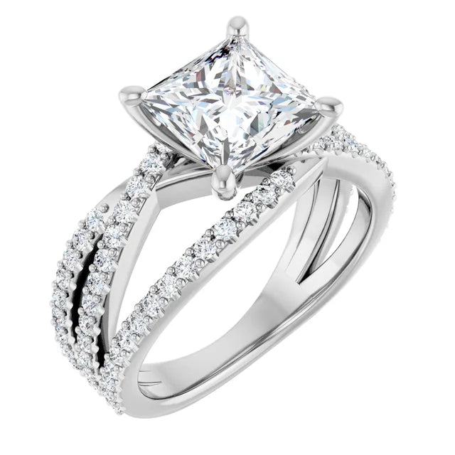 14K White Gold 1.14 CTW Princess Cut Double Row Pavé Split Shank Diamond Engagement Ring-diamondnetjewellery