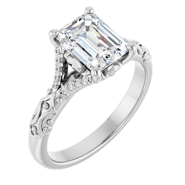14K White Gold 1.71 CTW Emerald Vintage Split Shank Pavé Lab Grown Diamond Engagement Ring