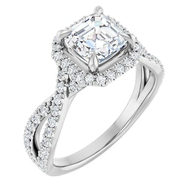 14K White Gold 1.74 CTW Asscher Halo Pavé Criss Cross Lab Grown Diamond Engagement Ring