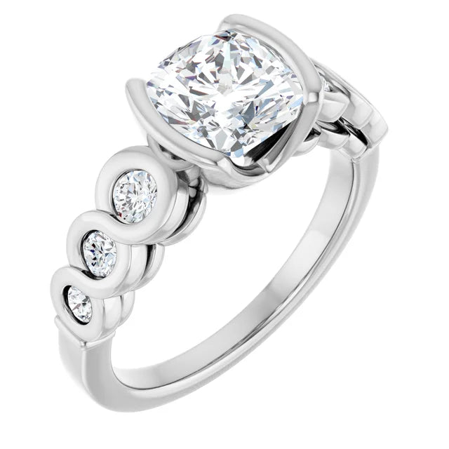 14K White Gold 2.35 CTW Cushion Cut Bezel Diamond Engagement Ring with Accents-diamondnetjewellery