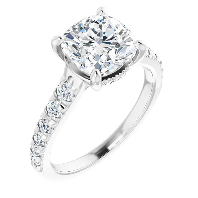 14K White Gold 3.06 CTW Cushion Solitaire Pavé Lab Grown Diamond Engagement Ring