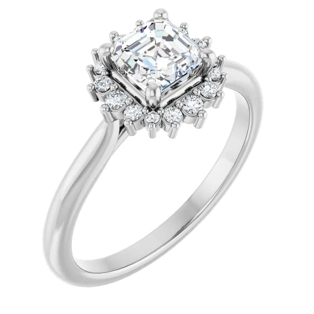 14K White Gold 0.75 CTW Asscher Cathedral Halo Diamond Engagement Ring-diamondnetjewellery