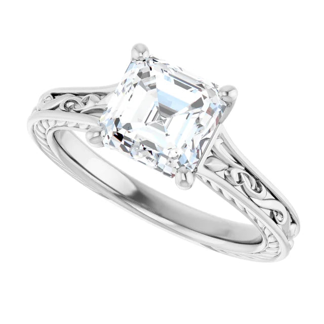 14K White Gold 0.71 CTW Asscher Solitaire Diamond Accented Band Engagement Ring
