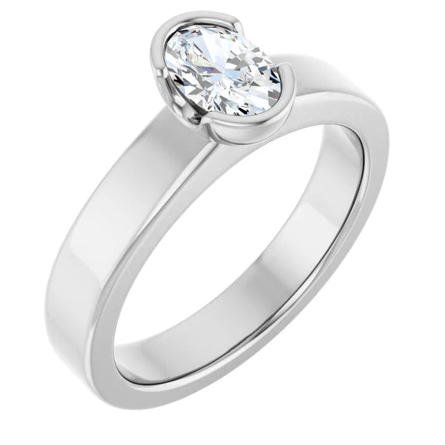 14K White Gold 0.51 CTW Oval Cut Bezel Diamond Engagement Ring