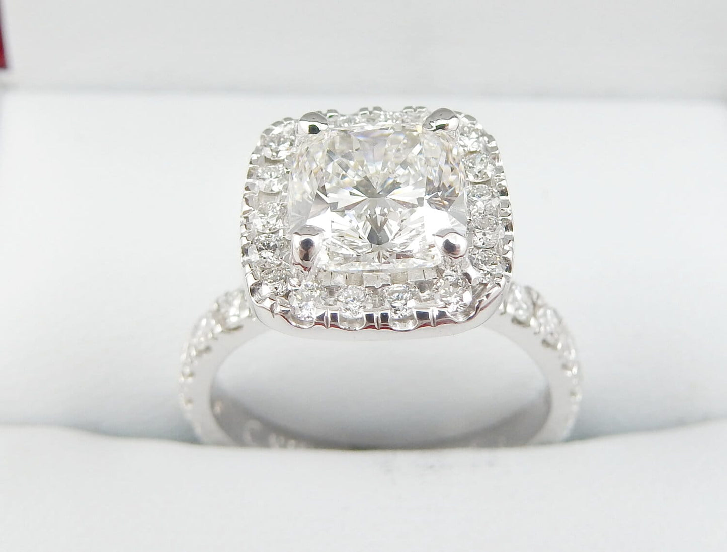 19K White Gold 1.71 CTW Cushion Cut Halo Pavé Band Diamond Engagement Ring-diamondnetjewellery