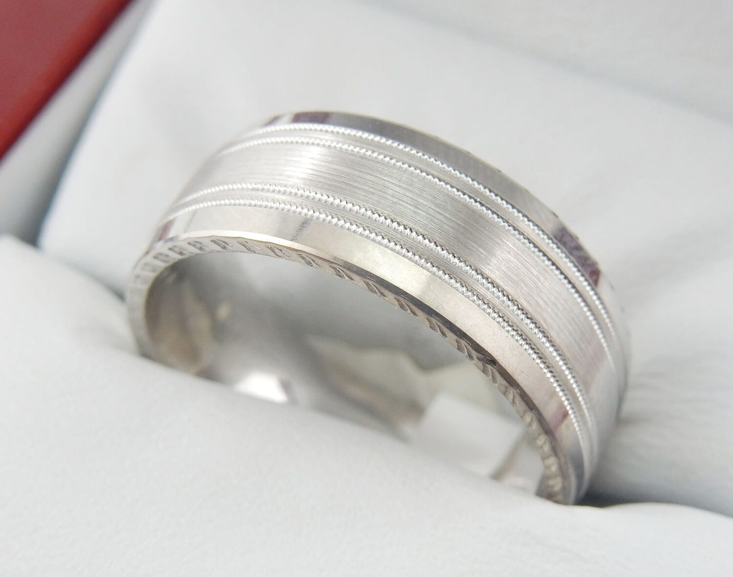 10K White Gold 8mm Men’s Wedding Band with Milgrain Edges & Brushed Center