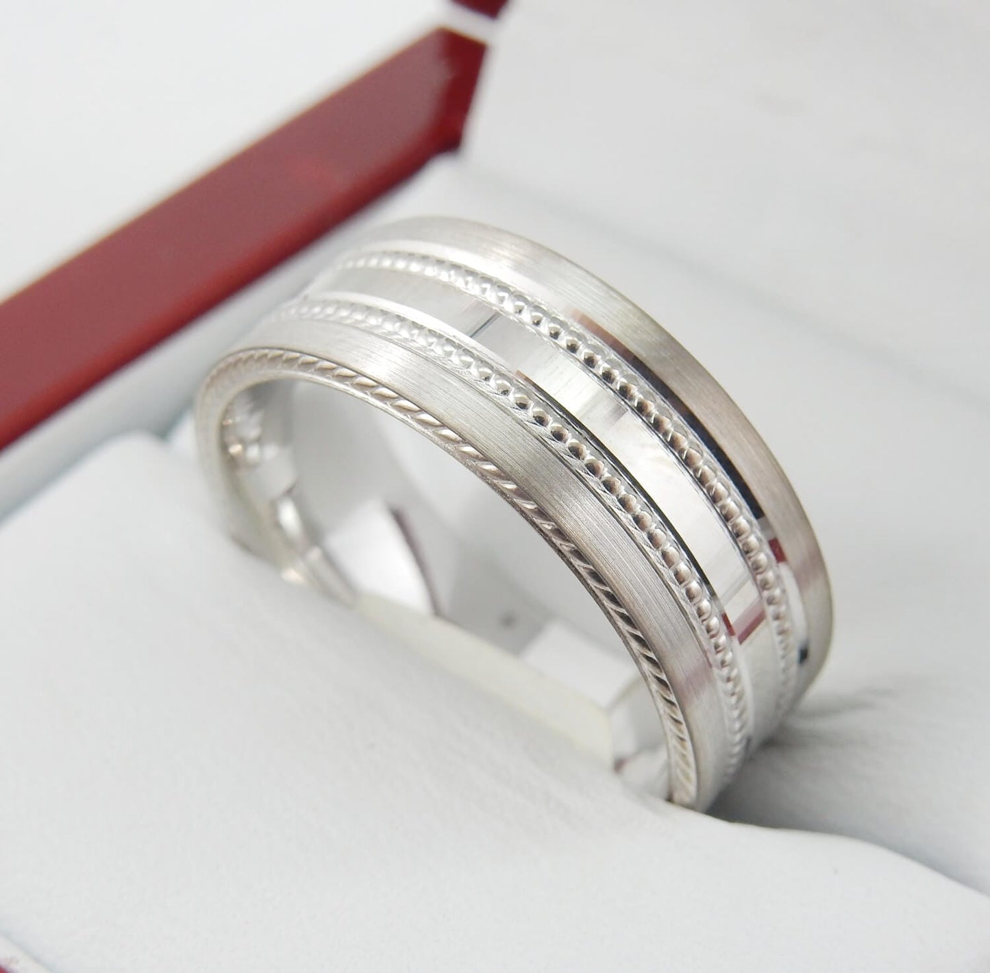 10K White Gold 8mm Men’s Wedding Band with Milgrain Edges & Brushed Center Band