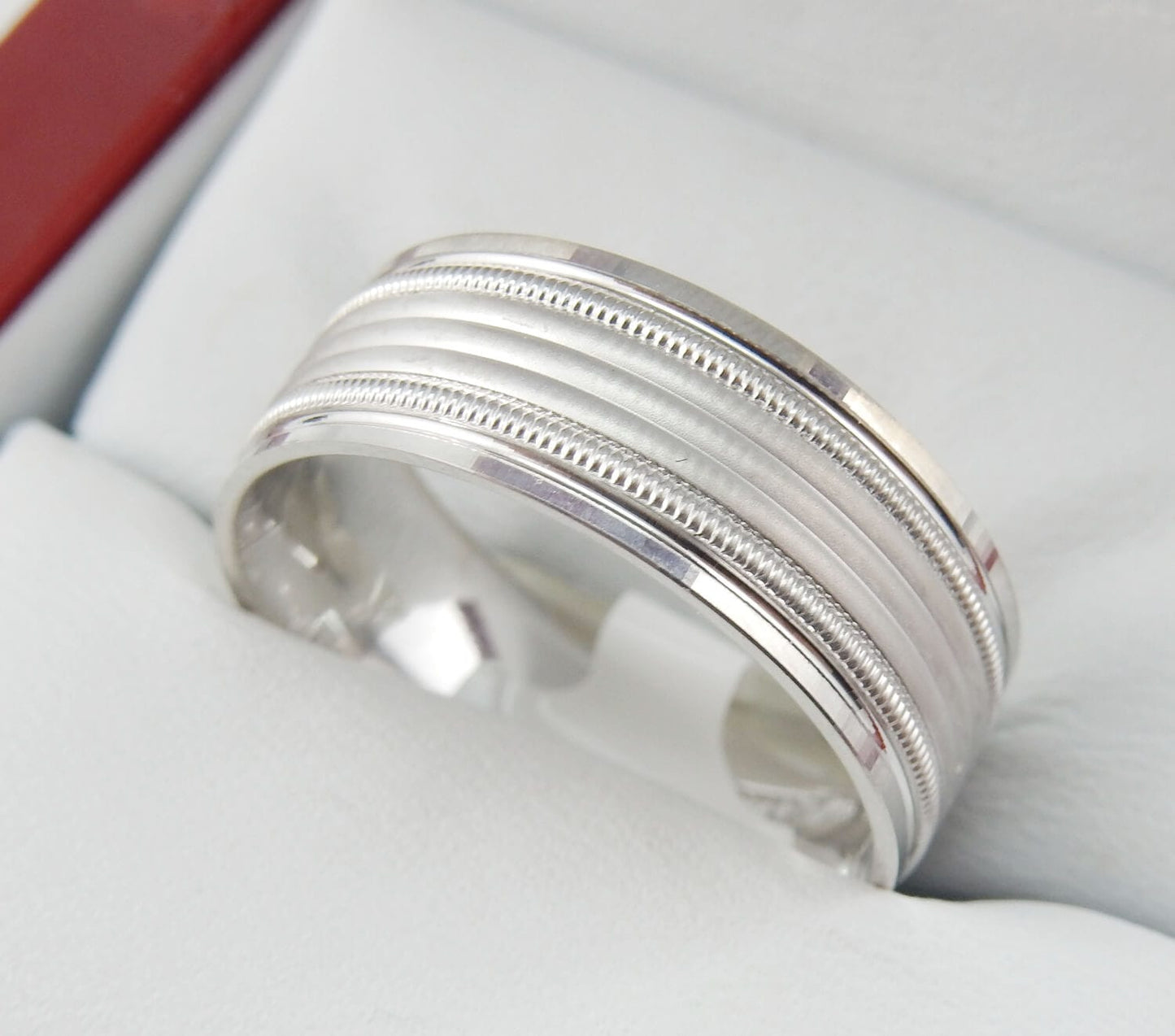 10K White Gold 8mm Triple-Milgrain Men’s Wedding Band