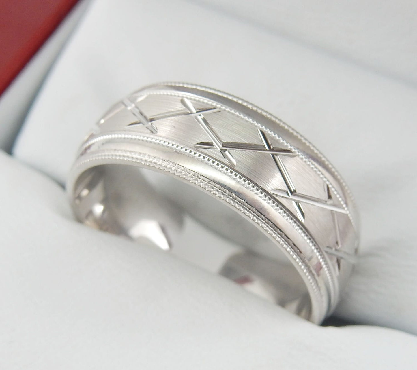 10K White Gold 6mm Diamond-Cut Crosshatch Men’s Wedding Band-diamondnetjewellery