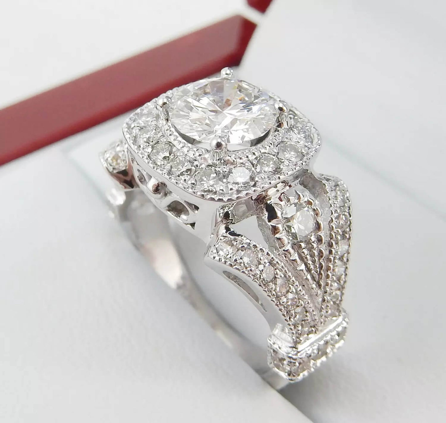 19K White Gold 1.02 CTW Round Brilliant Halo Split-Shank Pavé Diamond Engagement Ring