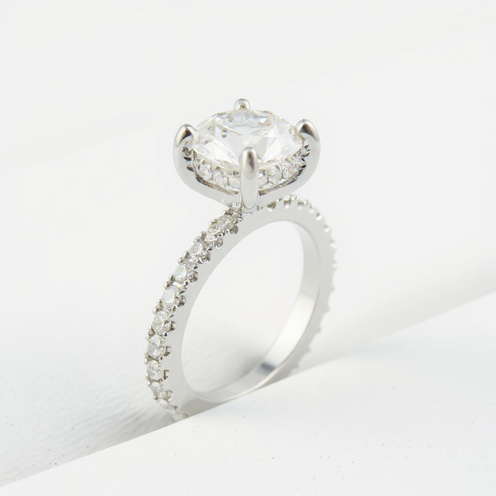 19K White Gold 1.70 CTW Round Brilliant Invisible Halo Pavé Band Diamond Engagement Ring