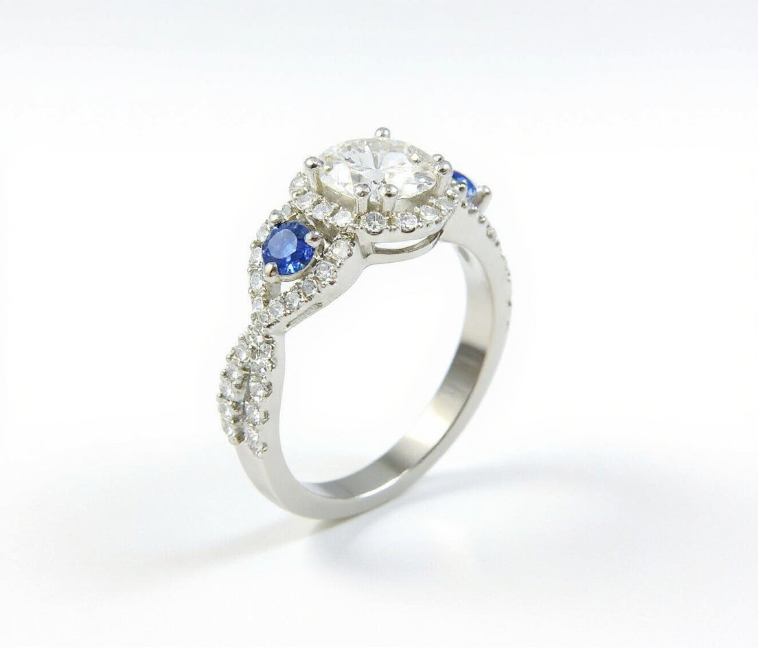 19K White Gold 1.01 CTW Diamond & Sapphire Halo Twist Engagement Ring