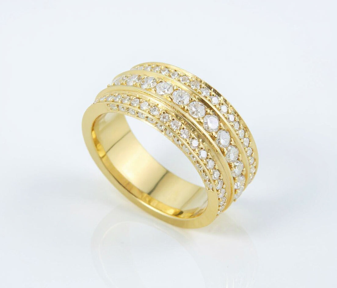 18K Yellow Gold 10mm 3.00 CTW Triple-Row Pave Diamond Men’s Wedding Band