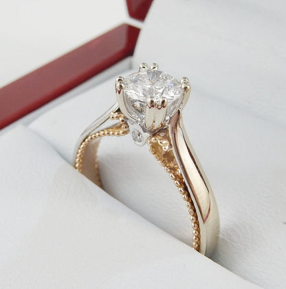 19K White & 18K Rose Gold 0.70 CTW Round Diamond Milgrain Solitaire Engagement Ring