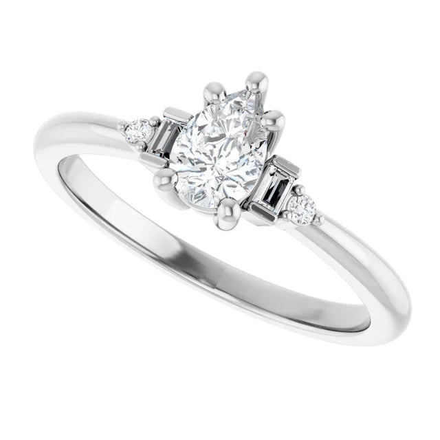 14K White Gold 0.78 CTW Pear Baguette Diamond Engagement Ring