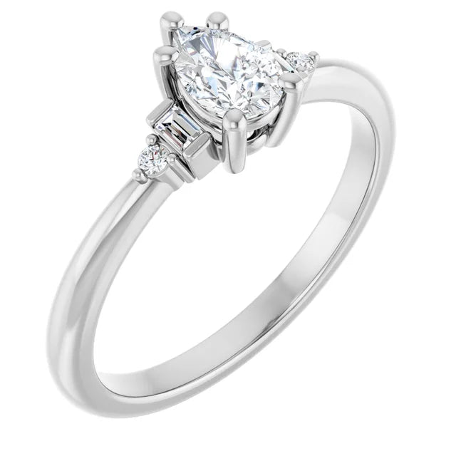 14K White Gold 0.78 CTW Pear Baguette Diamond Engagement Ring