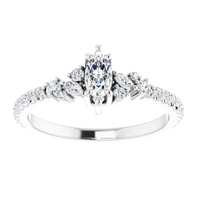 14K White Gold 0.53 CTW Marquise Cut Pave Diamond Engagement Ring with Leaf Cluster Accents