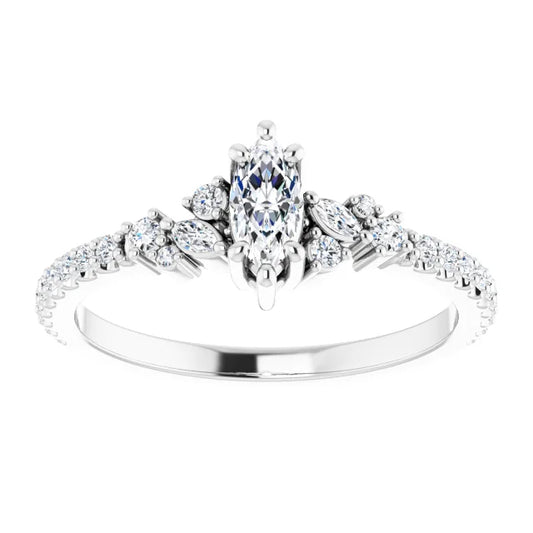 14K White Gold 0.53 CTW Marquise Cut Pave Diamond Engagement Ring with Leaf Cluster Accents