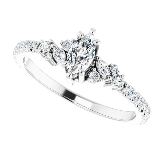 14K White Gold 0.53 CTW Marquise Cut Pave Diamond Engagement Ring with Leaf Cluster Accents