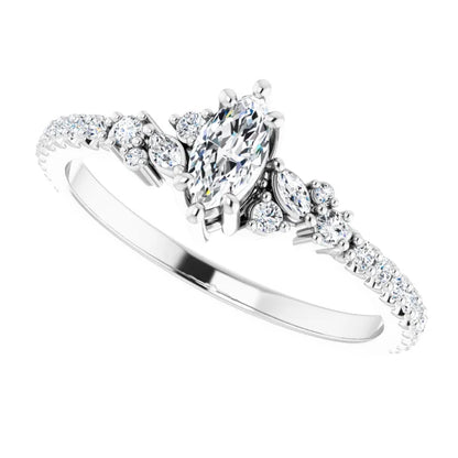 14K White Gold 0.53 CTW Marquise Cut Pave Diamond Engagement Ring with Leaf Cluster Accents