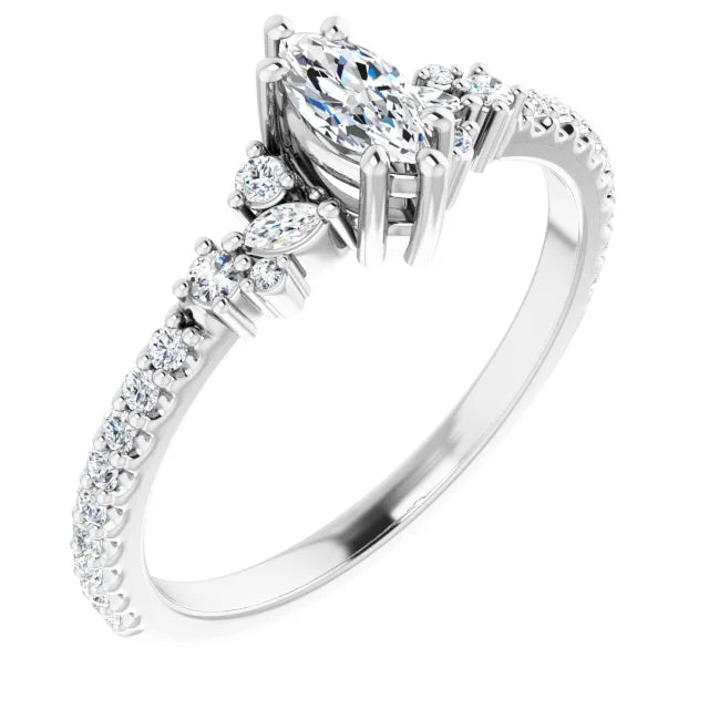 14K White Gold 0.53 CTW Marquise Cut Pave Diamond Engagement Ring with Leaf Cluster Accents