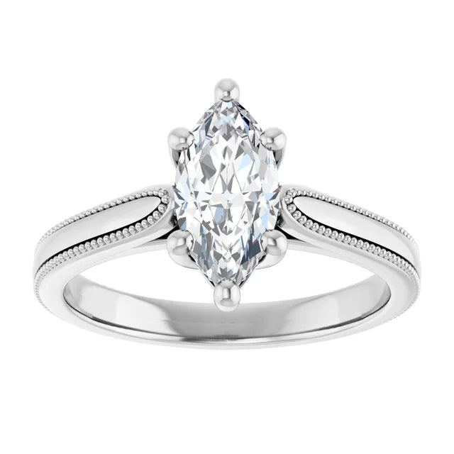 14K White Gold 0.59 CTW Marquise Vintage Milgrain Solitaire Lab Grown Diamond Engagement Ring