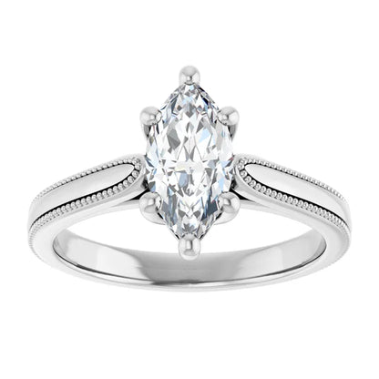 14K White Gold 0.59 CTW Marquise Vintage Milgrain Solitaire Lab Grown Diamond Engagement Ring