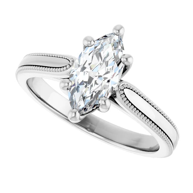 14K White Gold 0.59 CTW Marquise Vintage Milgrain Solitaire Lab Grown Diamond Engagement Ring