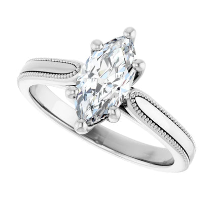 14K White Gold 0.59 CTW Marquise Vintage Milgrain Solitaire Lab Grown Diamond Engagement Ring