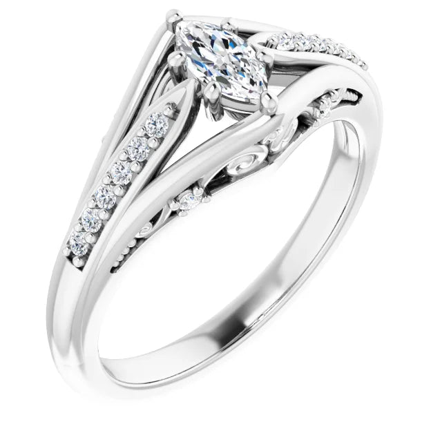 14K White Gold 0.62 CTW Marquise Cut Split Shank Diamond Engagement Ring