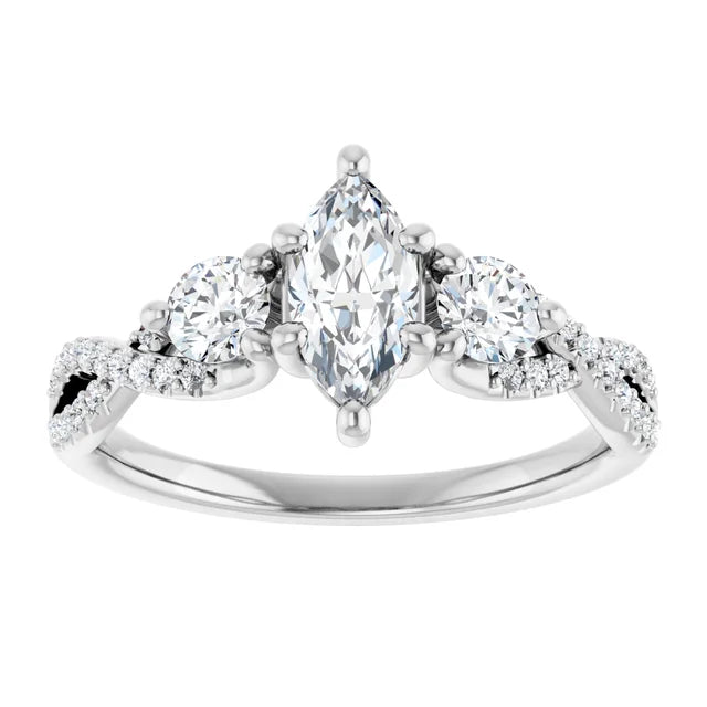 14K White Gold 0.69 CTW Marquise Cut Twisted Three Stone Diamond Engagement Ring