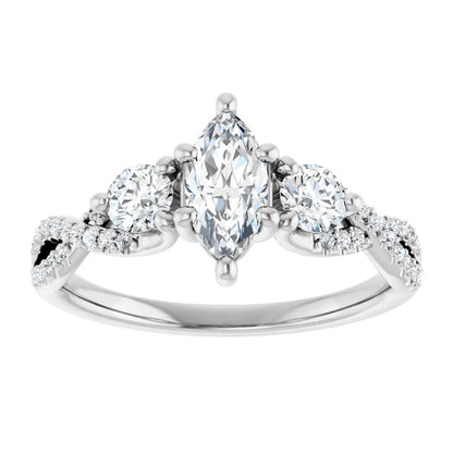 14K White Gold 0.69 CTW Marquise Cut Twisted Three Stone Diamond Engagement Ring