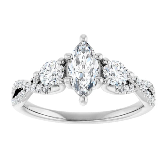 14K White Gold 0.69 CTW Marquise Cut Twisted Three Stone Diamond Engagement Ring