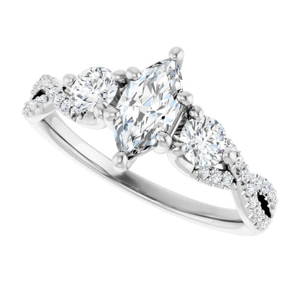 14K White Gold 0.69 CTW Marquise Cut Twisted Three Stone Diamond Engagement Ring