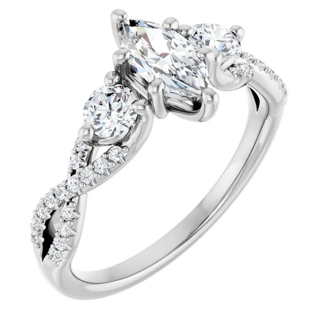 14K White Gold 0.69 CTW Marquise Cut Twisted Three Stone Diamond Engagement Ring