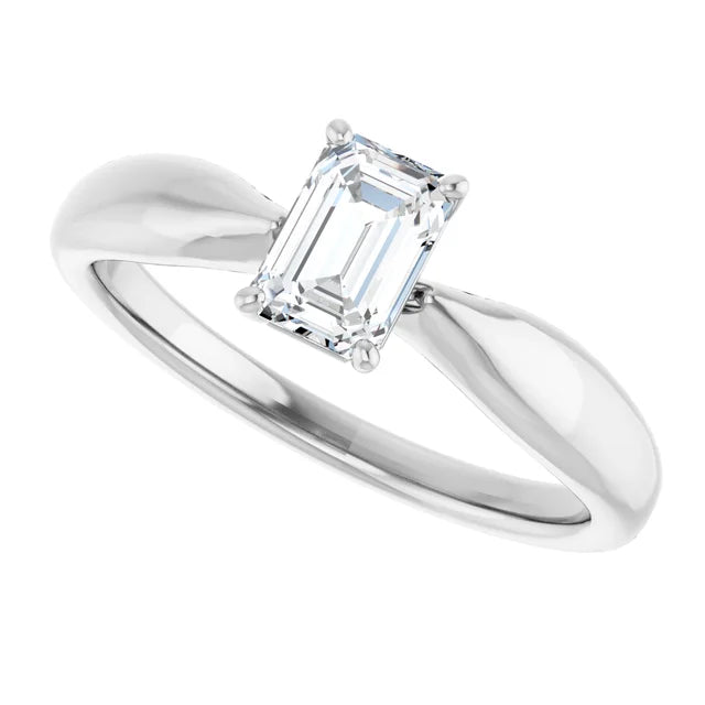 14K White Gold 0.70 CTW Emerald Solitaire Tapered Band Diamond Engagement Ring