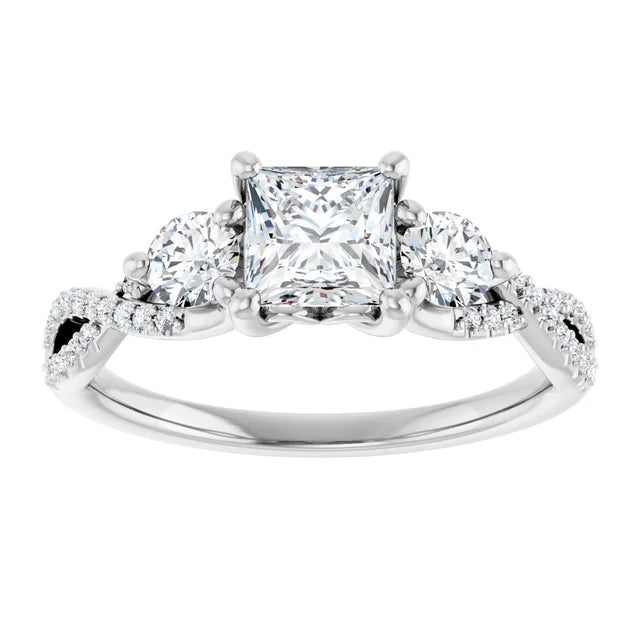 14K White Gold 0.70 CTW Princess Three-Stone Pavé Twisted Diamond Engagement Ring