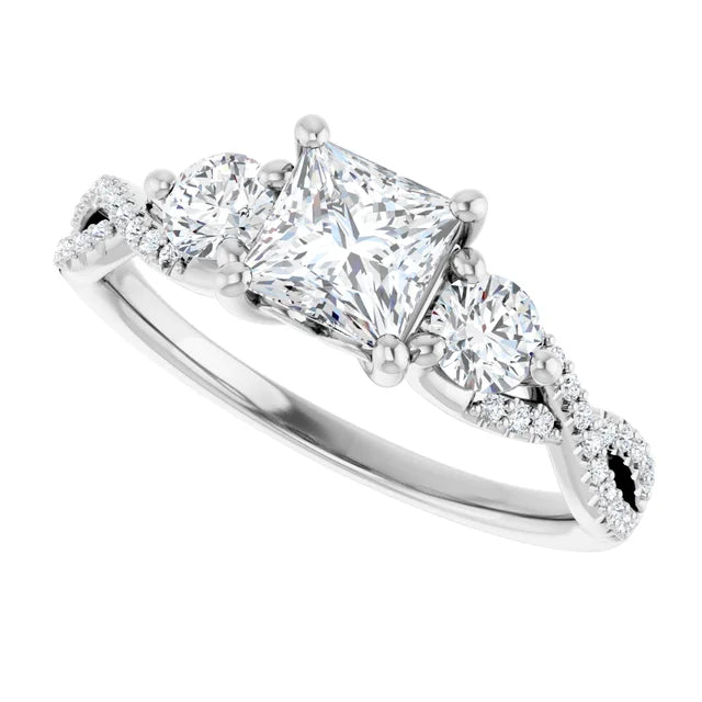 14K White Gold 0.70 CTW Princess Three-Stone Pavé Twisted Diamond Engagement Ring