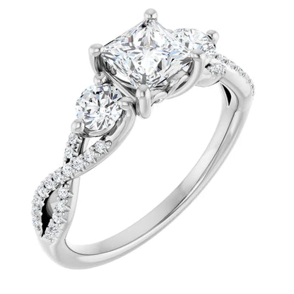14K White Gold 0.70 CTW Princess Three-Stone Pavé Twisted Diamond Engagement Ring