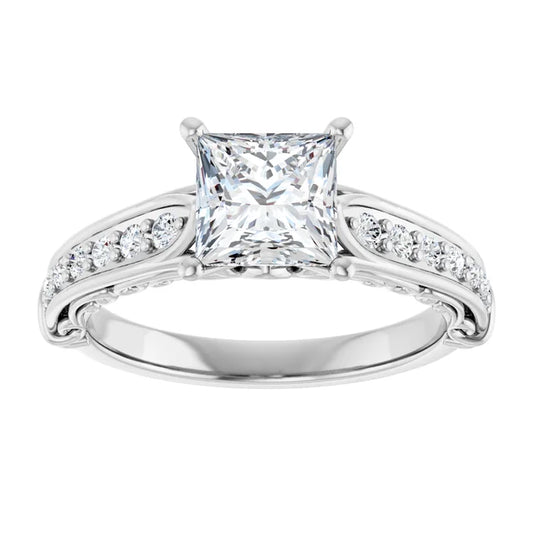 14K White Gold 0.72 CTW Princess Cut Vintage Filigree Diamond Engagement Ring