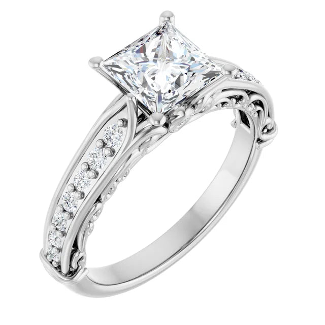 14K White Gold 0.72 CTW Princess Cut Vintage Filigree Diamond Engagement Ring-diamondnetjewellery