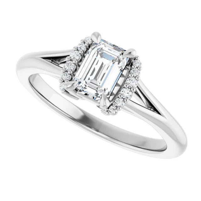 14K White Gold 0.73 CTW Emerald Claw Prong Accented Diamond Engagement Ring